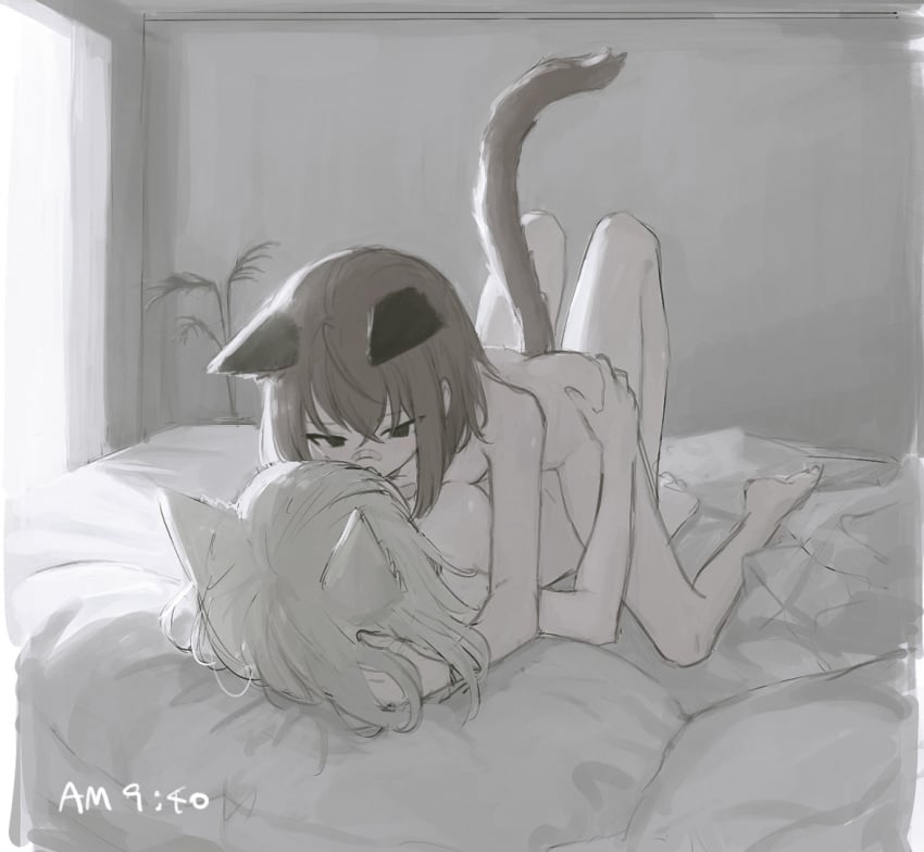 2girls animal_ears ass_grab bandaid bandaid_on_face bandaid_on_nose barefoot blonde_hair brown_hair cat_ears cat_girl cat_tail couple haihk6 kissing multiple_girls nude on_bed original pillow plant potted_plant short_hair tail wall yuri