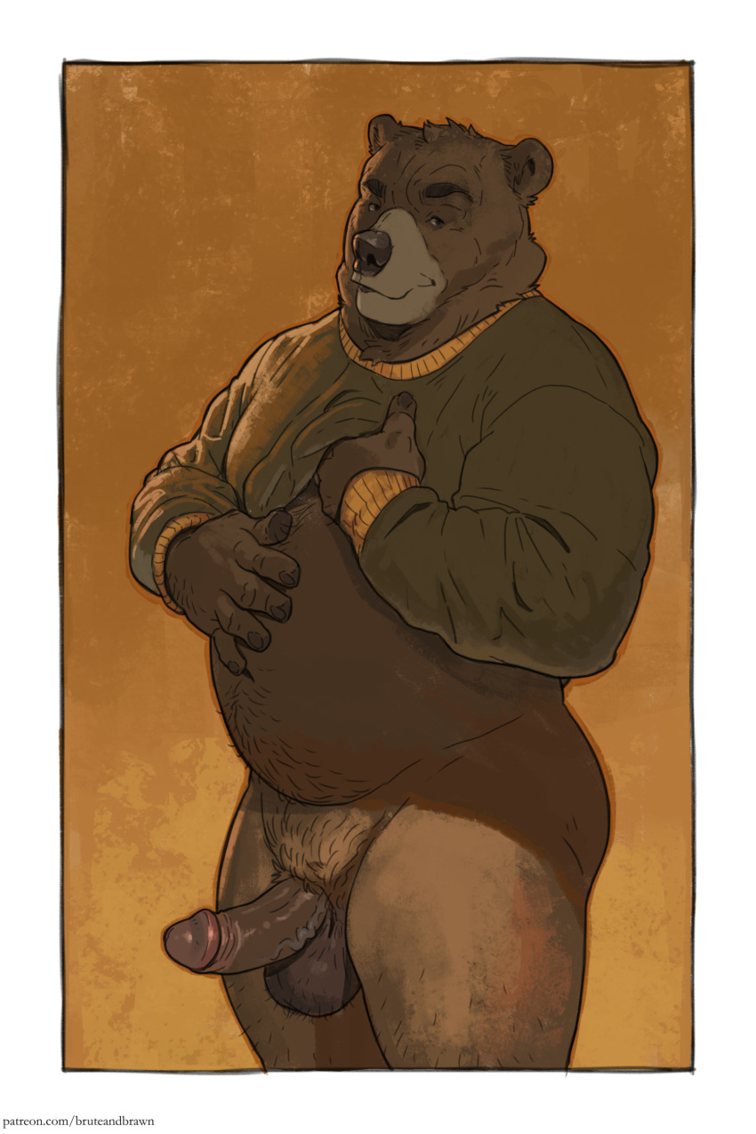 1boy 1male anthro artist_name balls bara bear belly brown_body brown_fur bruteandbrawn chubby chubby_anthro chubby_male colored erection fur furry furry_only gay highres looking_at_viewer male male_only mammal nude nude_anthro nude_male nudity pants_down patreon_link patreon_username penis solo solo_male vein veiny_penis yaoi yiff