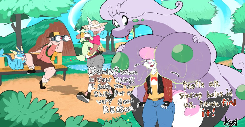 anthro ass bench big_breasts binoculars blinding_bangs blush bodily_fluids boob_hat breasts bulging_eyes claude_(iceblueeyes) clothed clothing cloud covering covering_eyes covering_face dialogue eeveelution english_text female feral floragato generation_1_pokemon generation_6_pokemon generation_9_pokemon goodra group hair hair_over_eyes head_between_breasts hi_res huge_breasts human ironkongstudios juice_box male mammal mephitid nintendo nipples outside park park_bench plant pokemon pokemon_(species) public public_nudity size_difference skunk sky slightly_chubby slime sweat taffy_(iceblueeyes) text tongue tongue_out topless topless_anthro topless_female tree vaporeon wide_hips