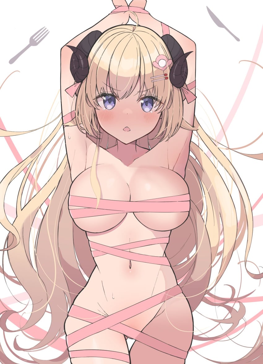 1girls armpits arms_up backpack bag blonde_hair blue_eyes blush bondage bound bound_wrists breasts chestnut_mouth curled_horns dot_nose female female_focus female_only femsub fork gluteal_fold hair_ornament hairclip highres hiyoko_no_ko holoforce hololive hololive_japan horns knife large_breasts light-skinned_female light_skin long_hair looking_at_viewer naked_ribbon navel open_mouth pink_ribbon purple_eyes randoseru ribbon sheep sheep_girl sheep_horns skindentation solo stomach sweat symbol-only_commentary tearing_up tied tied_up tsunomaki_watame v-shaped_eyebrows very_long_hair virtual_youtuber vtuber wavy_hair