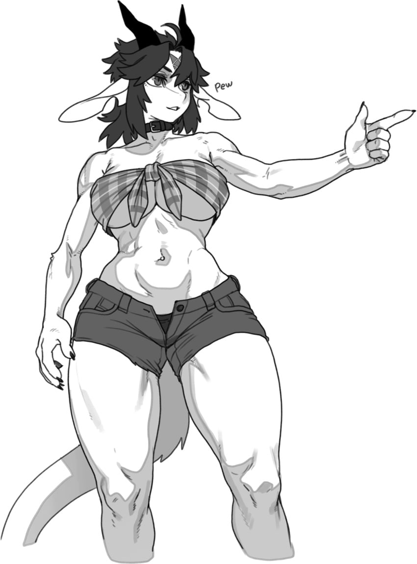 2023 anthro big_breasts bottomwear breasts chabett clothing collar digital_media_(artwork) dragon eyebrows eyelashes female finger_gun gesture hair hi_res horn midriff monochrome navel pgm300 schewiener shirt short_hair shorts solo tied_shirt topwear under_boob wingless_dragon