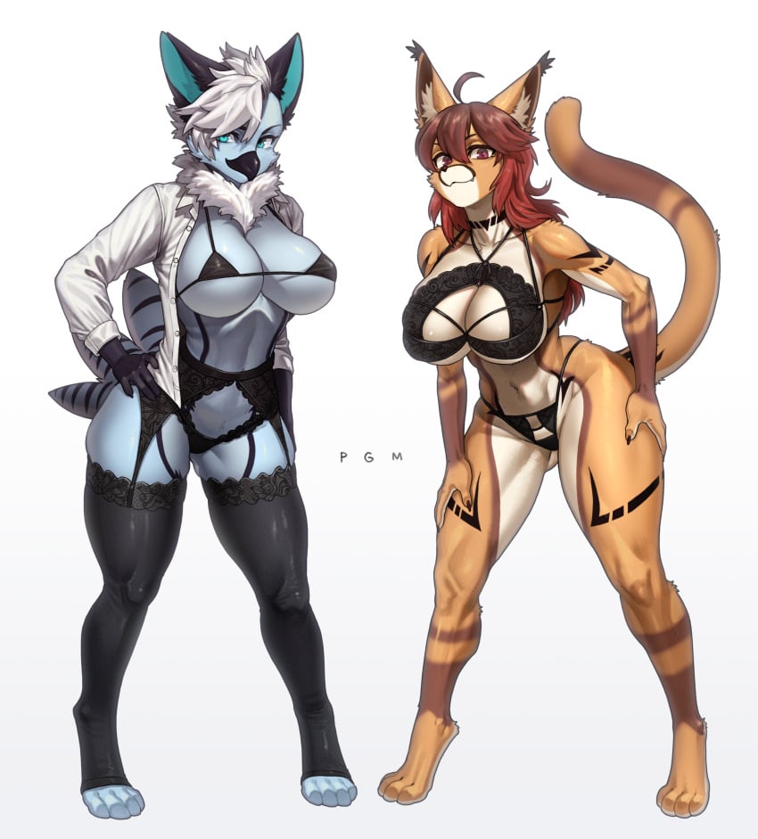 2023 2girls anthro ashley_(mutagen) avian beak big_breasts blue_body blue_eyes bra breasts butt_from_the_front caracal caracal_(genus) clothed clothing collarbone dervid_(taktian) digitigrade duo eyebrows eyelashes felid feline female fur garter_belt garter_straps gryphon hair hand_on_hip hand_on_leg hand_on_thigh inner_ear_fluff leaning leaning_forward lingerie long_hair looking_at_viewer mammal mythological_avian navel neck_tuft open_clothing open_shirt open_topwear panties pgm300 red_eyes red_hair schewiener shirt shoulder_tuft tan_body tan_fur toeless_legwear topwear tuft underwear very_high_resolution white_hair