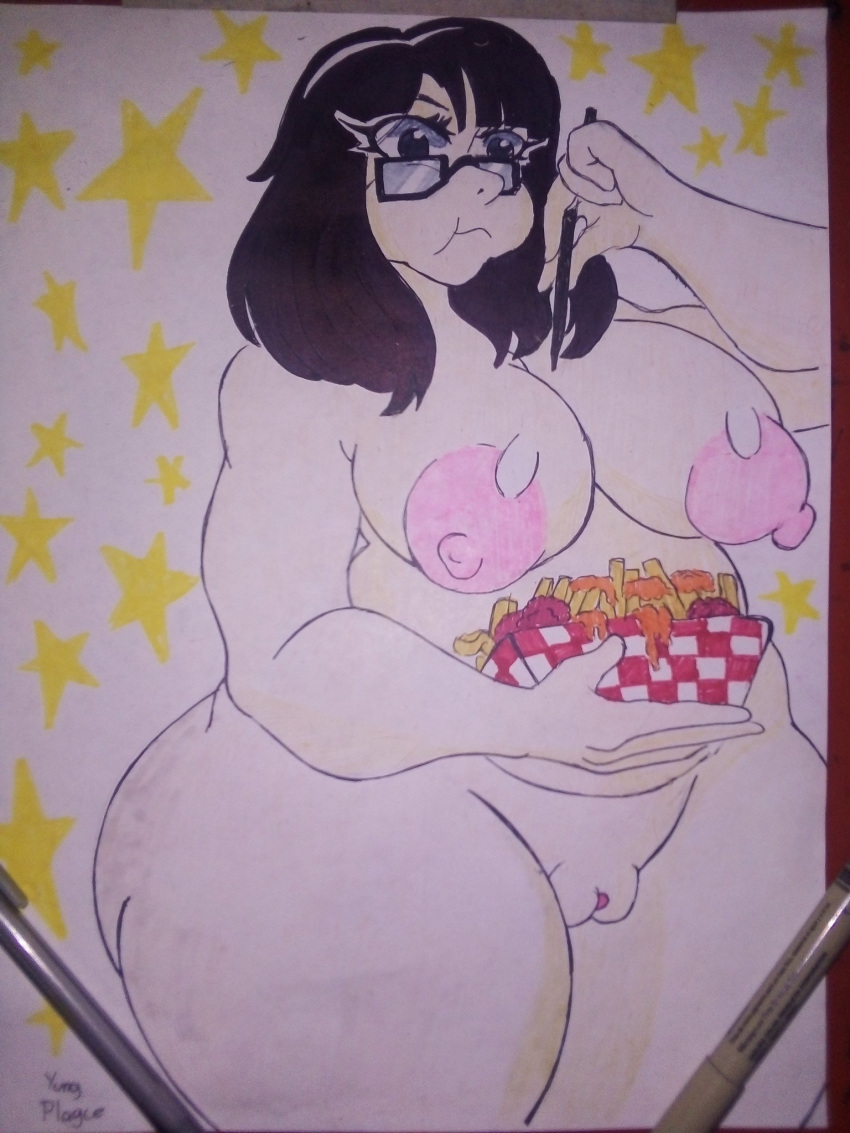 1girls areolae big_breasts black_hair breasts chopsticks completely_nude completely_nude_female eating eating_food eyewear female female_only food french_fries fries glasses ill_plagga naked naked_female nipples nude nude_female pussy short_hair solo solo_female