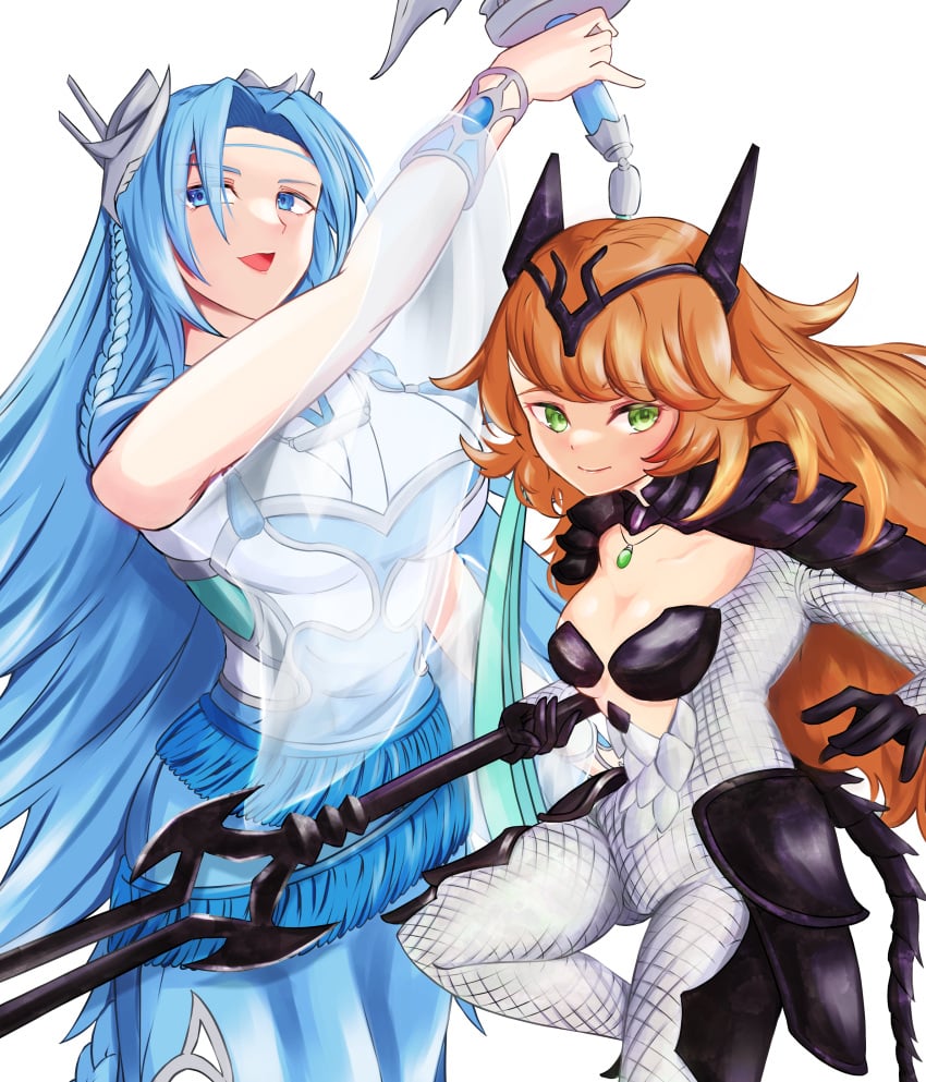 2girls bravely_default_(series) bravely_default_2 crossover duel_monster martha_(bravely_default_2) priestess_with_eyes_of_blue white_background yu-gi-oh!