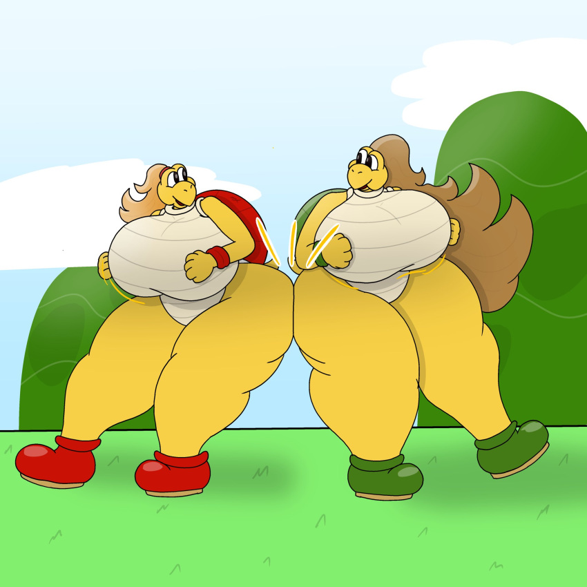 2females 2girls ass_bigger_than_head ass_focus ass_to_ass big_ass big_breasts blonde_hair booty_bump breasts_bigger_than_head brown_hair butt_bump clothed female female_only girl/girl green_koopa_troopa green_shell green_shoes huge_ass huge_boobs koopa koopa_troopa mario_(series) multiple_girls nimrod_36 nintendo no_underwear outdoors pony_tail ponytail red_koopa_troopa red_shell red_shoes sideass super_mario_bros. super_mario_bros._wonder