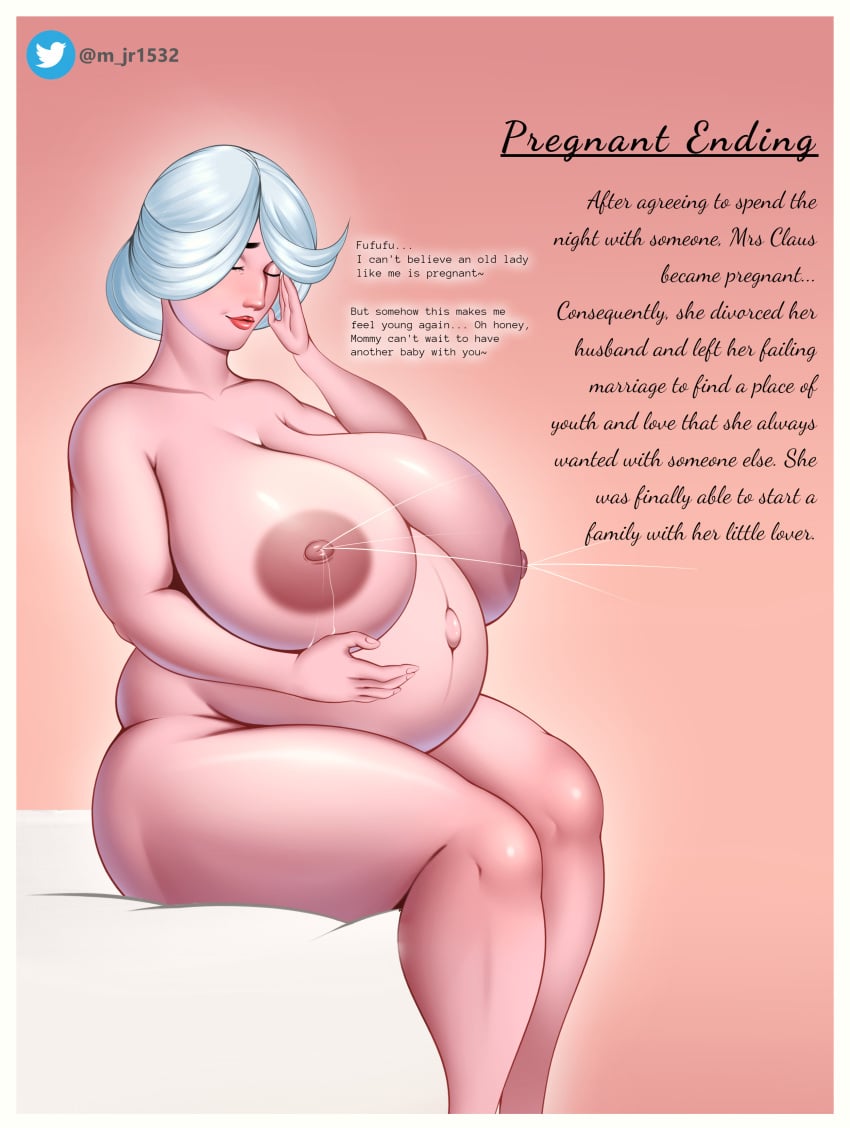 1girls breasts christmas female gigantic_breasts grey_hair huge_breasts m_jr_art mature milf mrs._claus nipples nude pregnant pregnant_older_female puffy_nipples text voluptuous