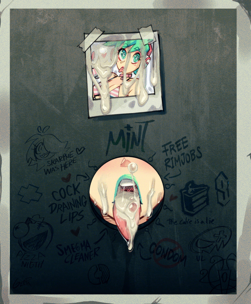 1girls after_fellatio cum cum_in_mouth cum_on_face female gerph glory_hole green_lipstick lipstick mint_(skarp_world) mouth_open open_mouth skarp_world solo tagme tongue_out