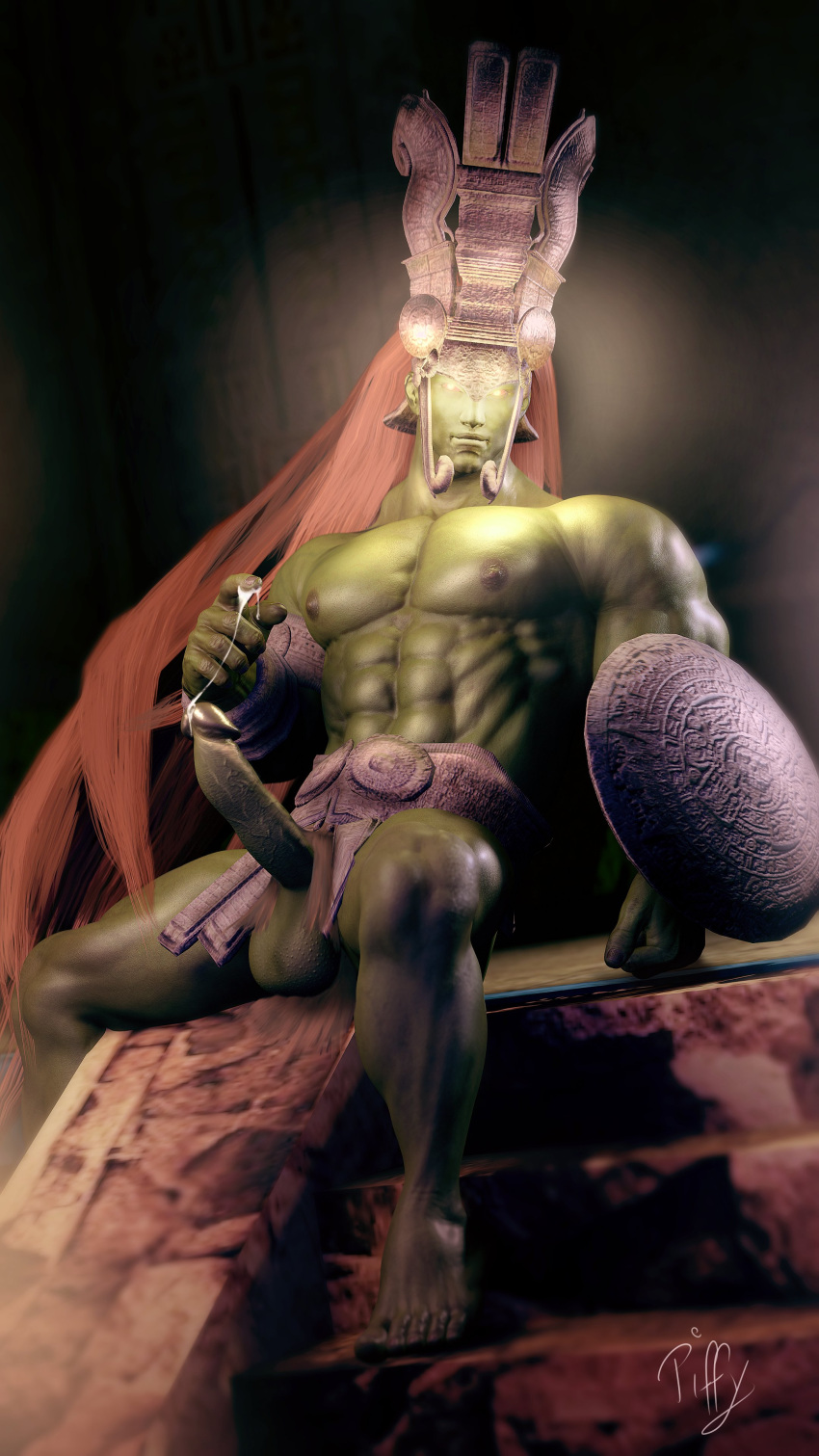 ancient_ogre aztec barefoot cum cum_drip cum_on_body green_body green_nipples green_penis green_skin long_hair looking_at_viewer male_only muscular namco namco_bandai ogre_(tekken) piffy red_eyes red_hair solo_male tekken tekken_3