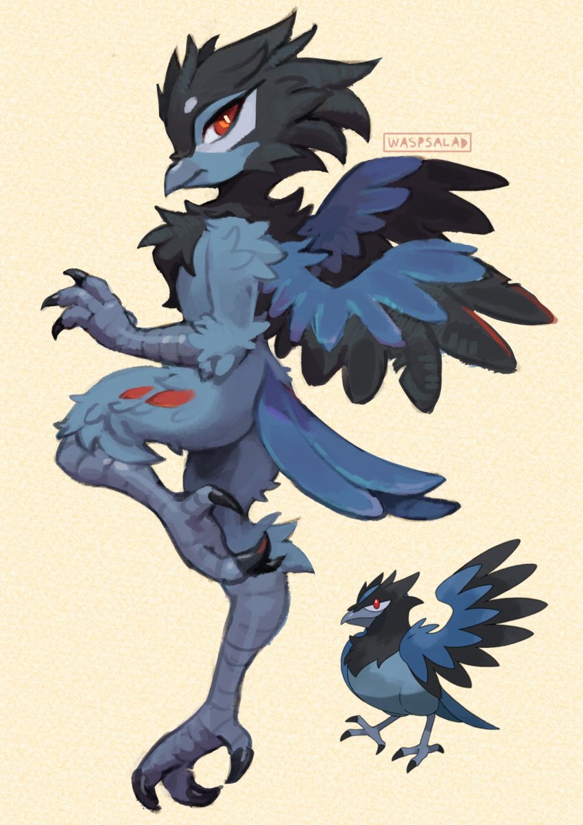 ambiguous_gender ass beak bird bird_feet bird_tail bird_wings black_feathers blue_body blue_feathers claws corvisquire flat_chest furry furry_only generation_8_pokemon pokémon_(species) pokemon pokemon_(species) pokemon_ss raven_(bird) red_eyes red_feathers reference_image signature simple_background tail waspsalad wings yiff