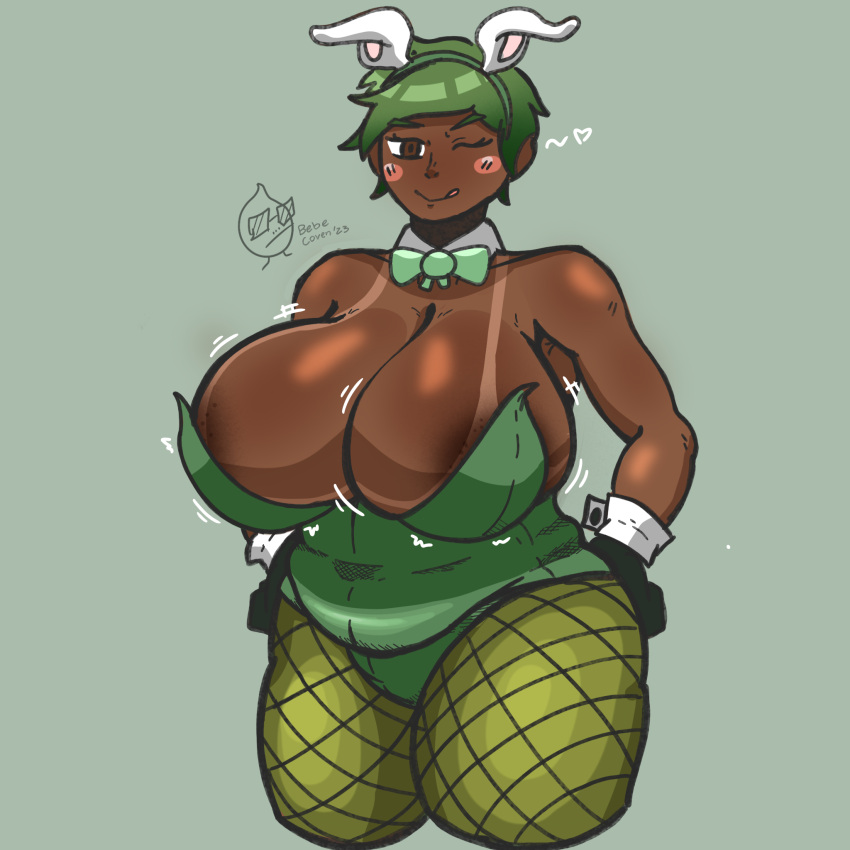 areolae bebecoven brown_eyes brown_skin bunny_ears bunnysuit chubby dark-skinned_female dark_skin emphasis_lines fishnets giant_breasts green_hair jiggle johana_(bebecoven) large_breasts original original_artwork original_character pudgy_belly tanline winking_at_viewer