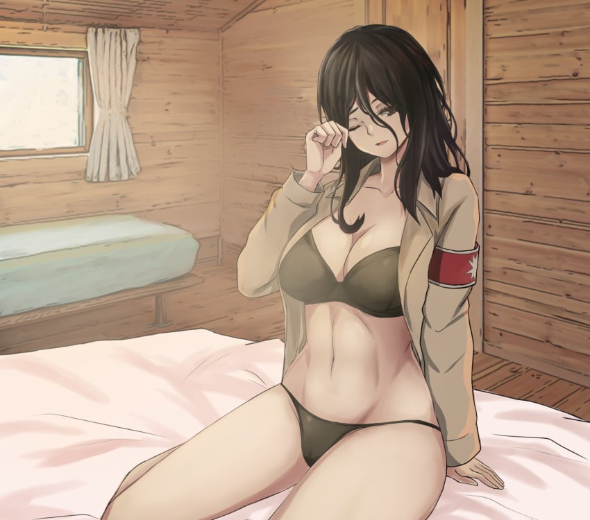 1girls armband attack_on_titan before_sex belly belly_button big_breasts black_bra black_hair black_panties bra breasts clothing eldian_armband eldian_flag female female_focus female_soldier indoors light-skinned_female light_skin marley_military_uniform matching_underwear midriff military military_uniform navel on_bed open_shirt pieck_finger restrained shingeki_no_kyojin soldier underwear zone25388591