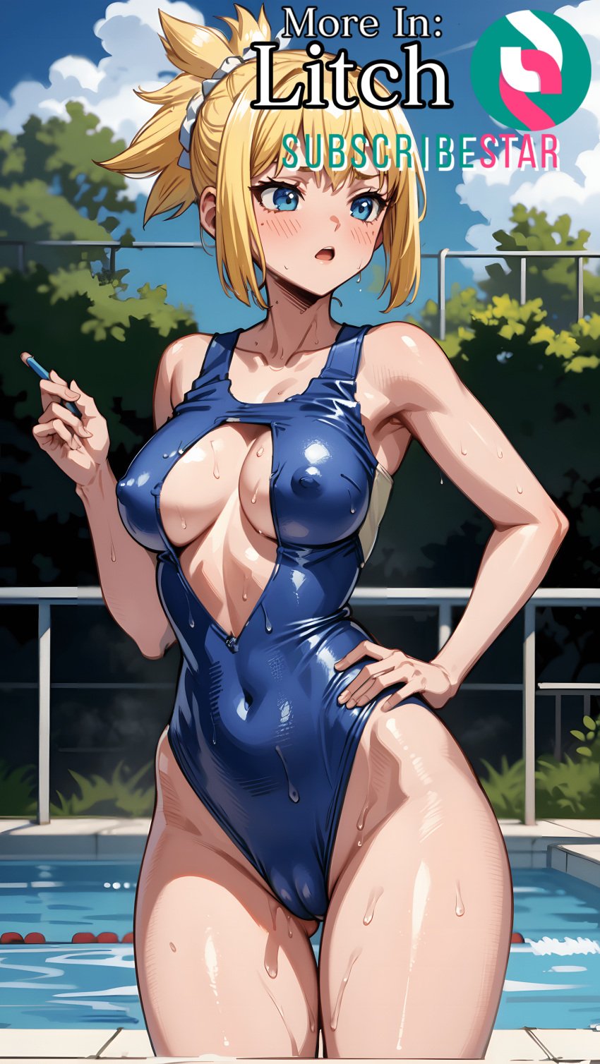 1girls ai_generated bad_anatomy blonde_hair blush boob_window breasts cameltoe covered_nipples dr.stone hand_on_hip hourglass_figure kohaku_(dr.stone) litch medium_breasts outdoors ponytail solo stable_diffusion standing swimsuit temper_ai water wet