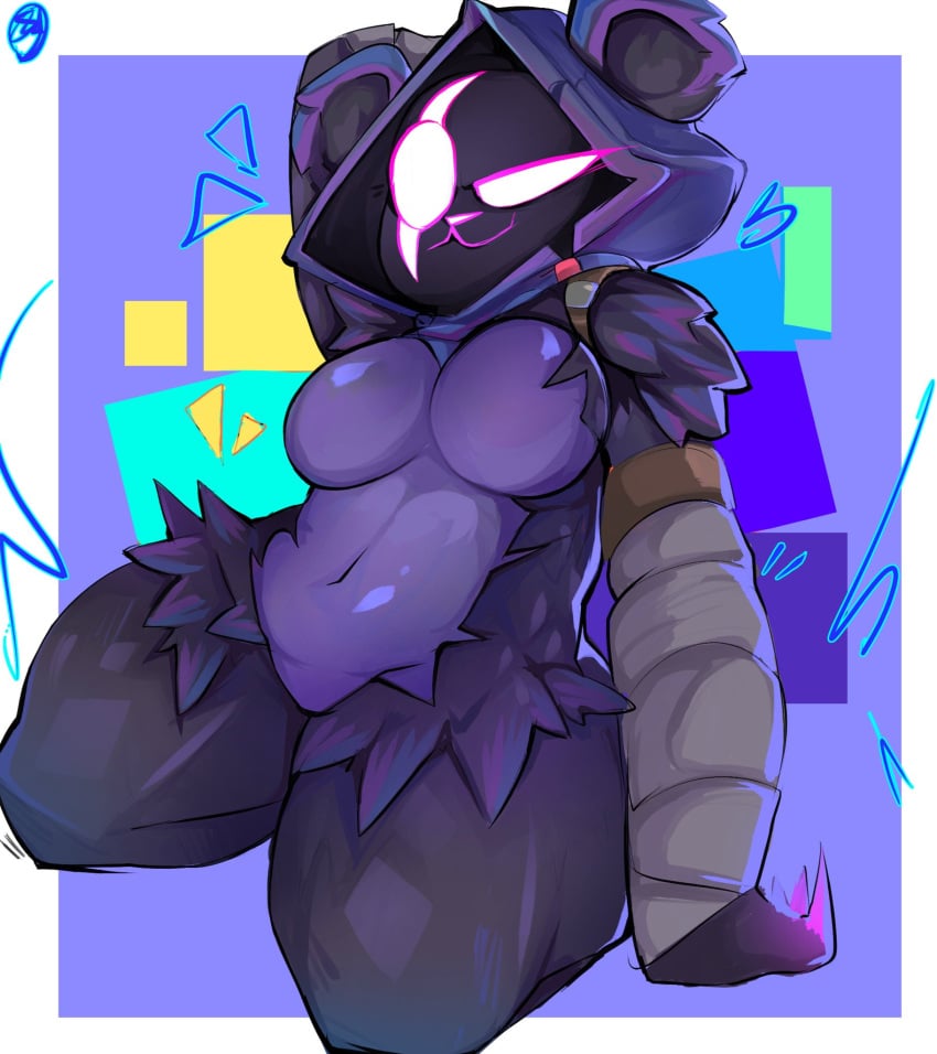 animal_ear_fluff animal_ears bear_ears bear_suit clawed_fingers claws eye_scar fortnite fortnite:_battle_royale heart hearts_around_head hood posing posing_for_the_viewer raven_team_leader raven_team_leader_(fortnite) scar simple_background soldart solo solo_female thick_thighs thighs