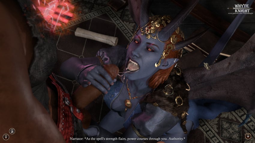 after_fellatio baldur's_gate baldur's_gate_3 black_body blowjob blue_body blue_skin brown_skin clothed clothed_female_nude_male cum cum_drip cum_in_mouth cum_on_face dark-skinned_male devil devil_horns devil_tail dominant_male domination dungeons_and_dragons hand_on_penis horn horns interspecies magic magic_user medium_breasts medium_penis mind_break mind_control mizora red_hair story story_in_picture video_game video_game_character video_game_franchise video_games whyte_knight wings wyll_ravengard