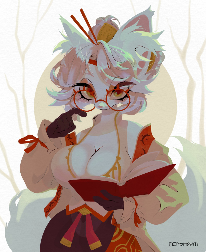 1girls 2023 big_breasts book breasts cute eyelashes feline female female_only furry furry_only glasses japanese_clothes menthaam purah_(cosplay) signature tears_of_the_kingdom the_legend_of_zelda whiskers white_body white_fur white_hair yellow_eyes yiff