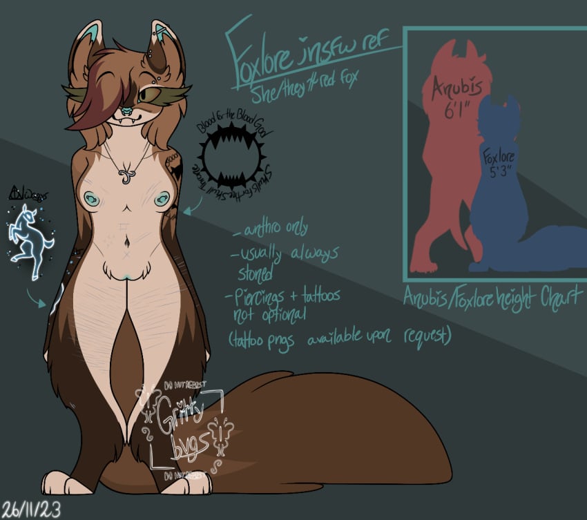 fangs fox foxlore_(grittybvgsad) furry fursona grittybvgsad_(artist) height_chart larger_male nipples pierced_nipples piercings pussy reference_image reference_sheet scars self_harm_scars smaller_female tattoos