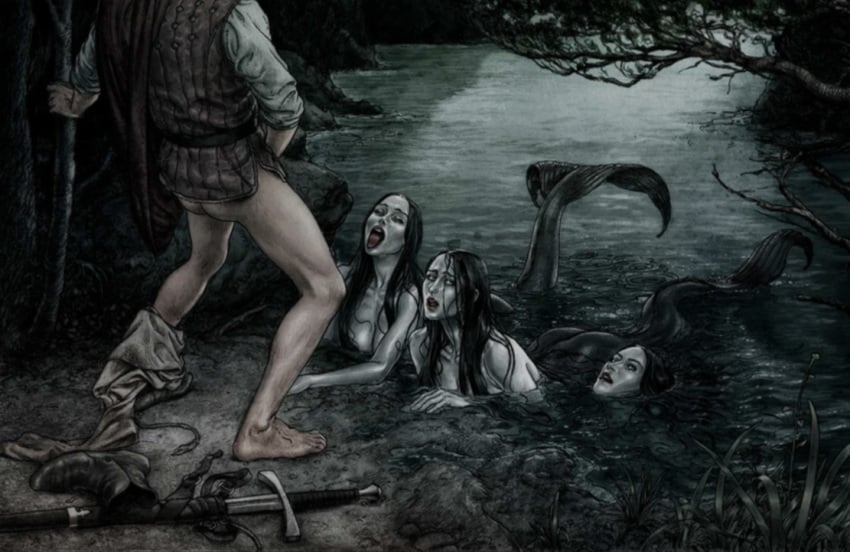 1boy 3girls ass breasts digital_media_(artwork) imminent_facial interspecies kerbcrawlergho1 masturbation mermaid mermaid_girl mermaid_tail mouth_open pale-skinned_female pale_skin pants_around_one_leg sword tagme tongue_out water