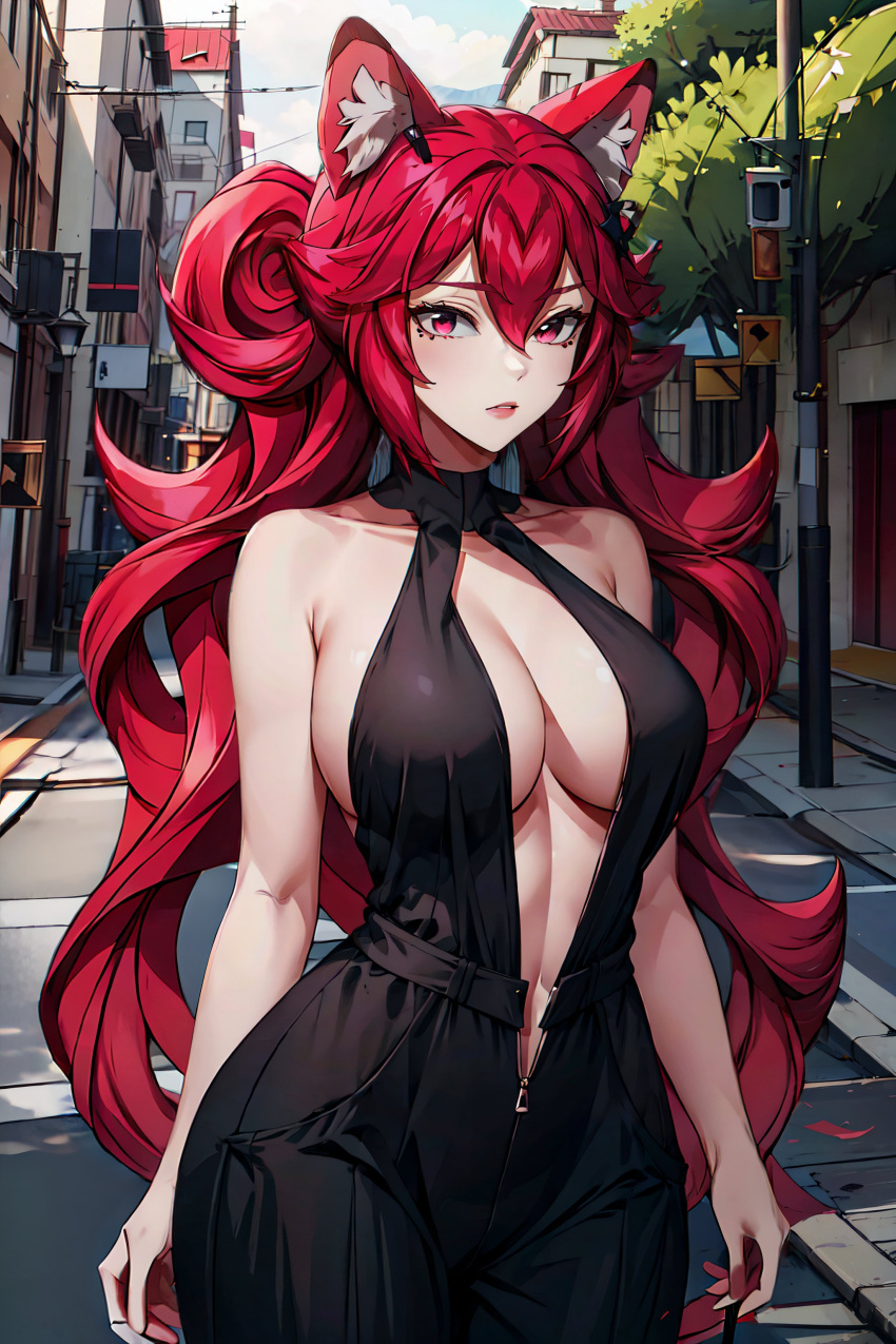 ai_generated animal_ears big_breasts black_dress curvaceous curvy dress highres hot_pink_hair inner_sideboob light-skinned_female lipstick lunaria_ayaren pink_eyes revealing_clothes shiny_skin slim_waist solo_female street twintails virtual_youtuber vtuber wide_hips youtube_hispanic youtuber_girl zipper