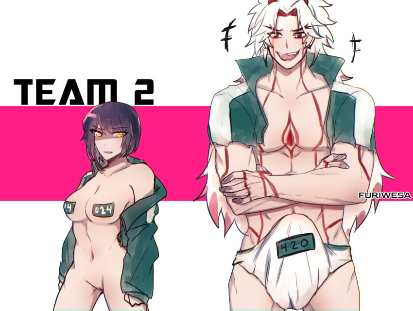 1boy 1girls arataki_itto big_bulge bigger_male boner boner_in_pants bottomless breasts bulge bulge_through_clothing crossover erection_under_clothes female furiwesa genshin_impact height_difference hoyoverse kujou_sara long_hair male male/female pussy red_eyes squid_game straight taller_male white_hair yellow_eyes