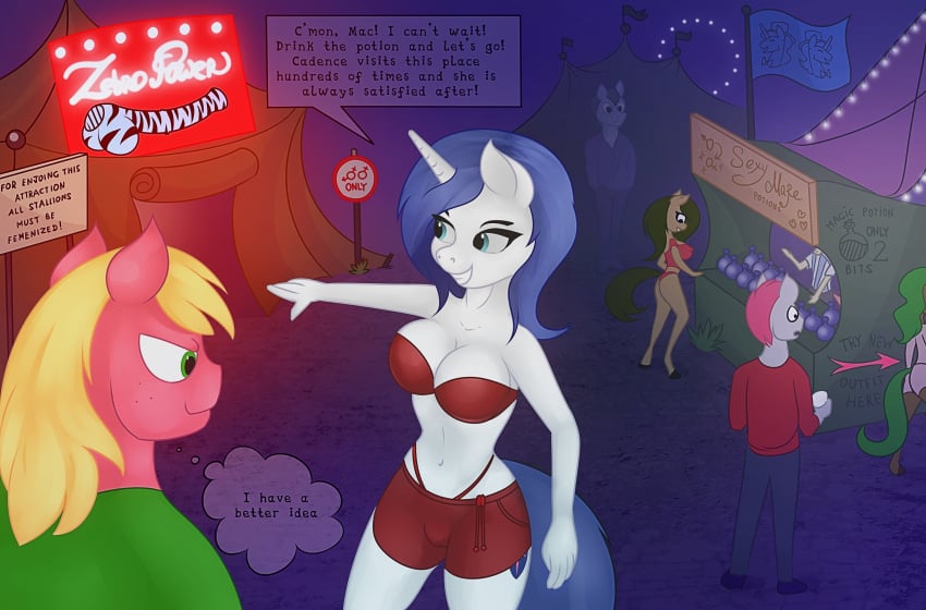 2021 anthro anthrofied big_breasts big_macintosh_(mlp) breasts cleavage clothed clothing dialogue duo english_text eqamrd equid equine female friendship_is_magic gleaming_shield_(mlp) hasbro hi_res horn male mammal mtf_crossgender my_little_pony rule_63 shining_armor_(mlp) text unicorn