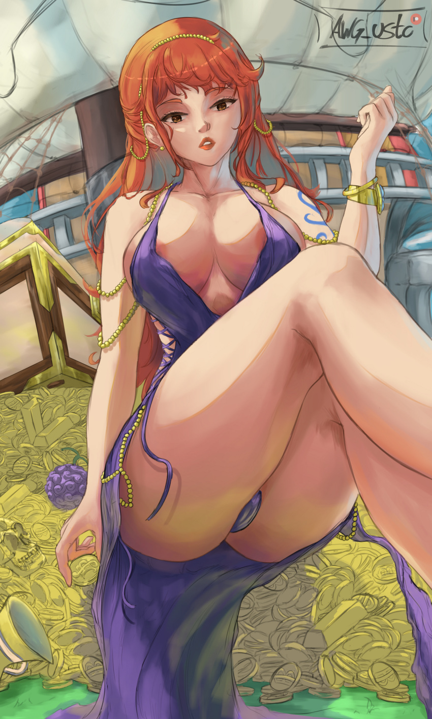 areolae_slip ass awg_usto big_breasts cleavage dress female female_only nami nami_(one_piece) nipple_slip one_piece panties post-timeskip purple_dress red_hair solo