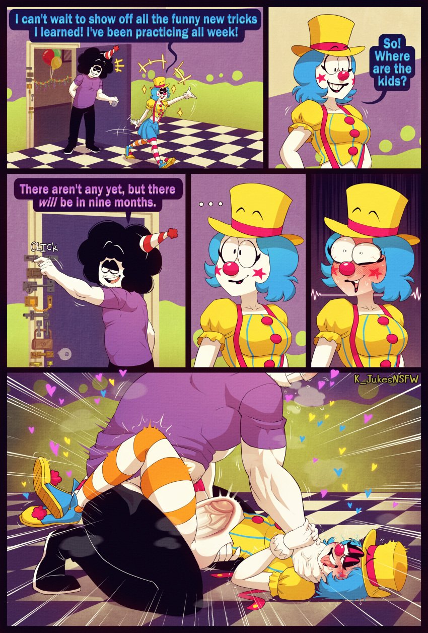 1boy 1girls afro ahe_gao belly_bulge birthday_hat black_hair blue_hair choking chubby_male clown clown_girl clown_makeup clown_nose clussy comic comic_page crop_top cross-eyed curly_hair dominant_male domination floor hand_on_hip hand_on_throat huge_cock humor k_jukesnsfw kidde_jukes larger_male legs_around_partner legs_around_waist lock locked_door messy_hair mismatched_legwear pale_skin pale_skinned_female pinned pinned_down pinned_to_floor puffy_short_sleeves purple_clothing realization rough_sex shirt_lift skirt sr_pelo sr_pelo_(character) steam straight stubble submissive_female suspenders thick_penis thick_thighs thighhighs tongue_out top_hat tricked veiny_penis yellow_clothing