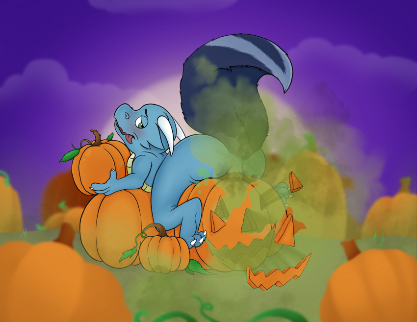 anthro anus ass claws dragon embarrassed fart fart_cloud fart_fetish food fruit gassy halloween_theme hi_res hybrid jack-o'-lantern male mammal mephitid plant pumpkin raised_tail skunk skunk_tail solo tail thr33y3dg0at