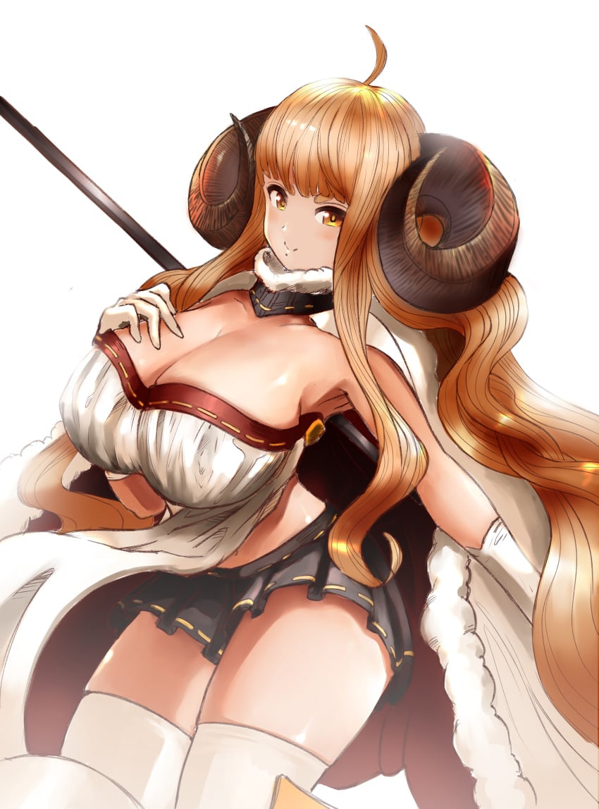 1girls anila_(granblue_fantasy) artist_upload big_breasts cloak curly_horns gloves horn self_upload sheep skirt source_removed thick_thighs very_long_hair