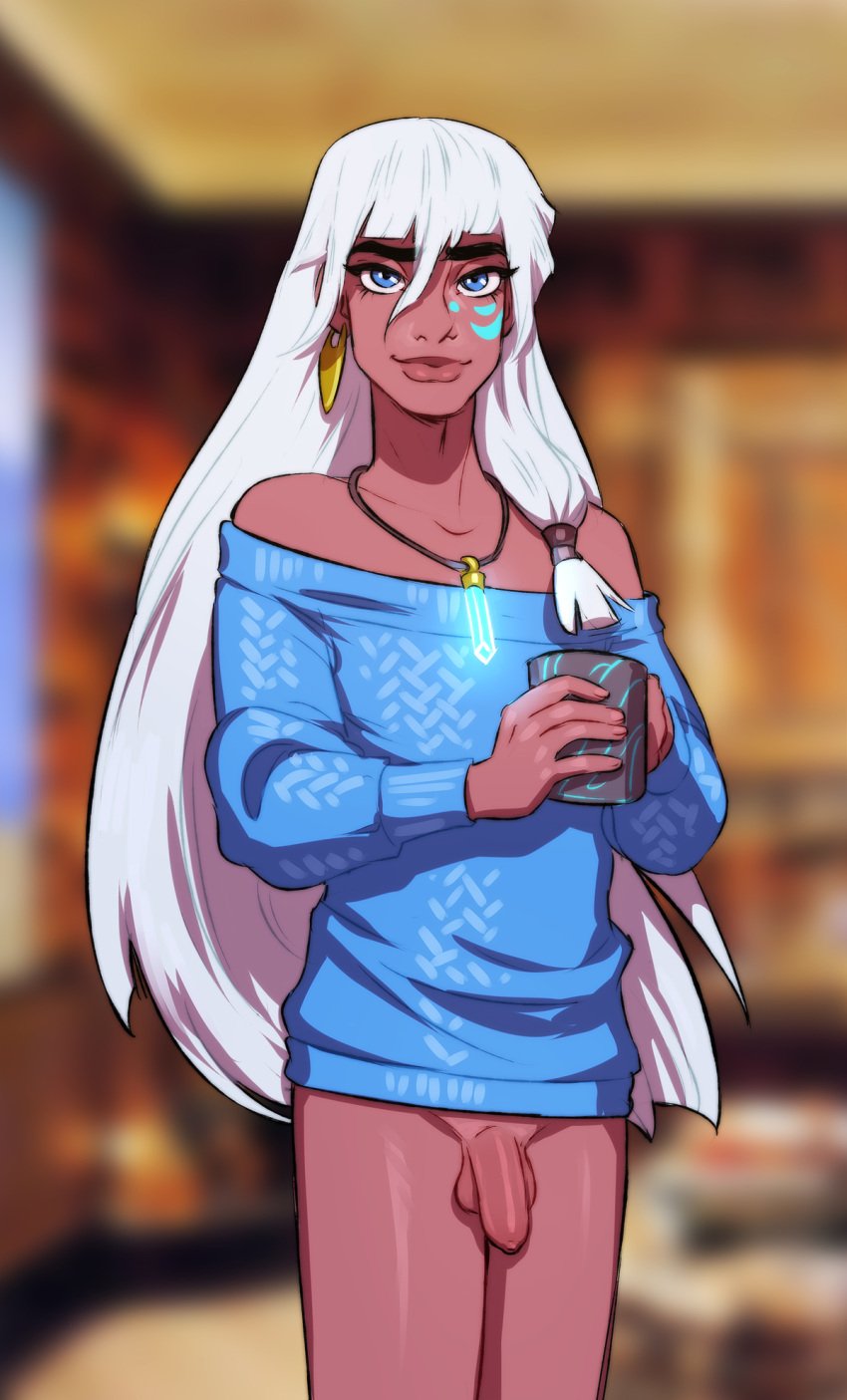 1boy atlantean atlantis:_the_lost_empire bottomless bottomless_male dark-skinned_femboy disney fairybend femboy feminine_male flaccid flaccid_penis foreskin genderswap genderswap_(ftm) human kida long_hair mug penis ripushko rule_63 sissy sweater uncircumcised unretracted_foreskin white_hair