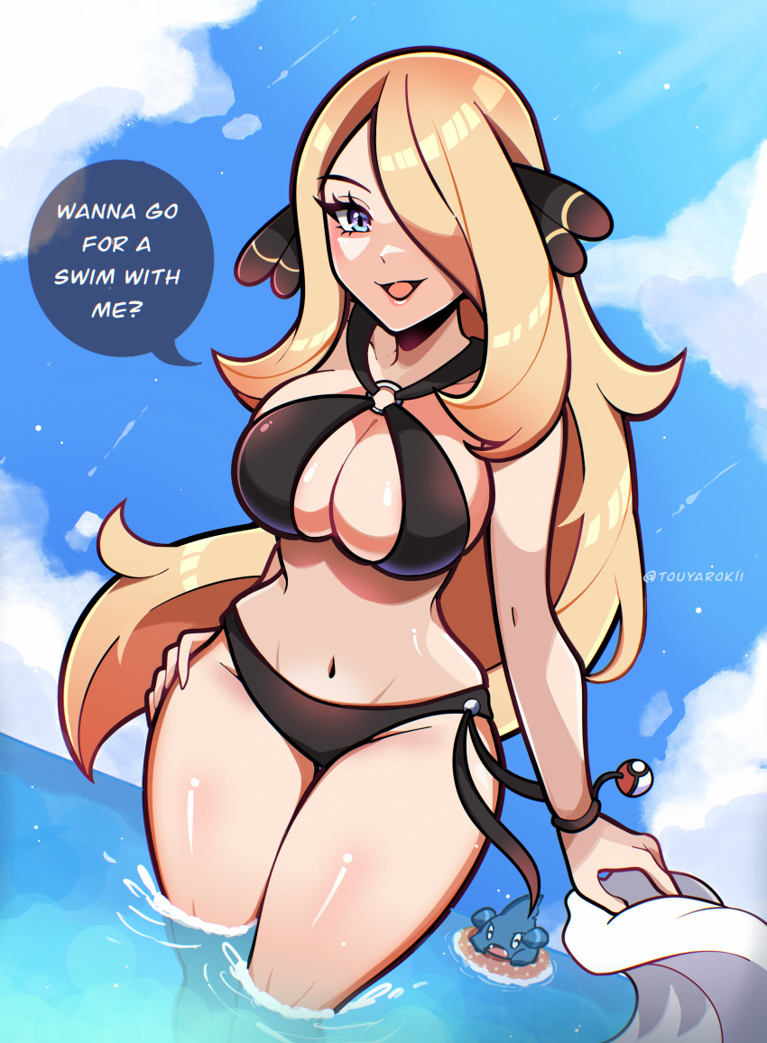 1girls blonde_hair blonde_hair_female breasts cynthia_(pokemon) female female_only hair_ornament hair_over_one_eye looking_at_viewer nintendo pokémon pokemon pokemon_champion solo text touyarokii