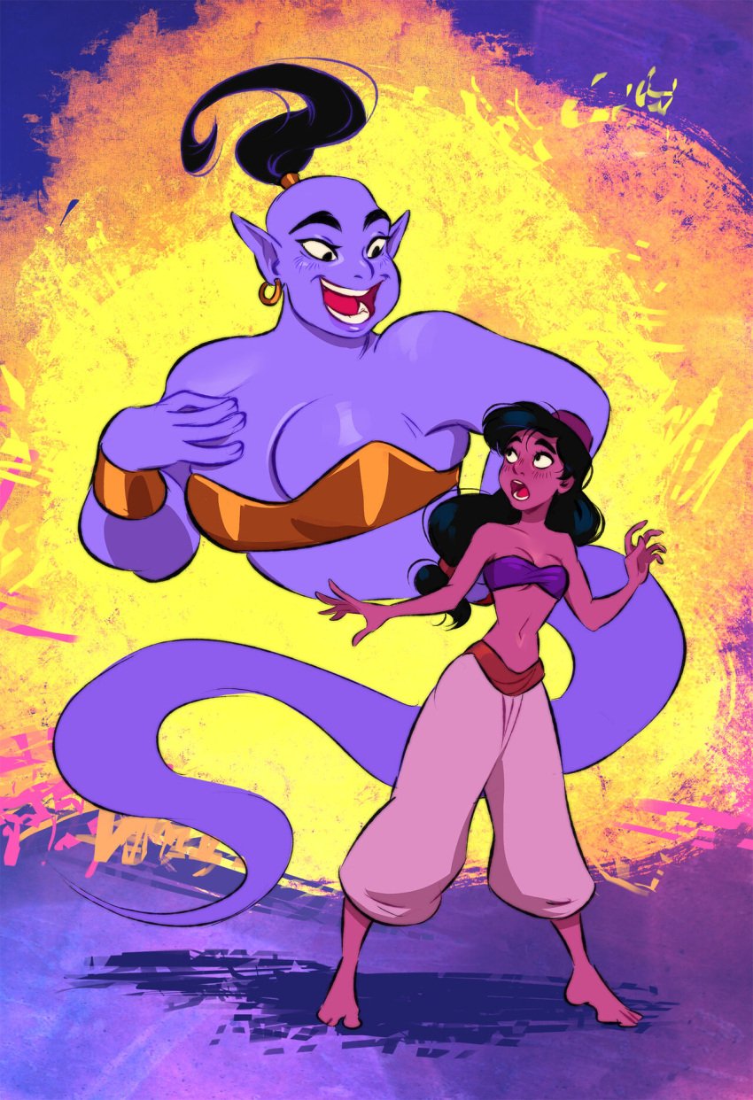 1001_nights 2girls aladdin aladdin_(1992_disney_film) aladdin_(character) arabian arabian_clothes arabian_female bald barefoot big_breasts black_hair blue_body blue_skin dark-skinned_female disney ear_piercing earrings eyelashes female female_only fully_clothed gender_bender genderswap genderswap_(mtf) genie genie_(aladdin) genie_girl gold_(metal) gold_bra gold_bracelet gold_jewelry golden_earrings hoop_earrings long_hair ponytail public_domain ripushko rule_63 skindentation skinny small_breasts