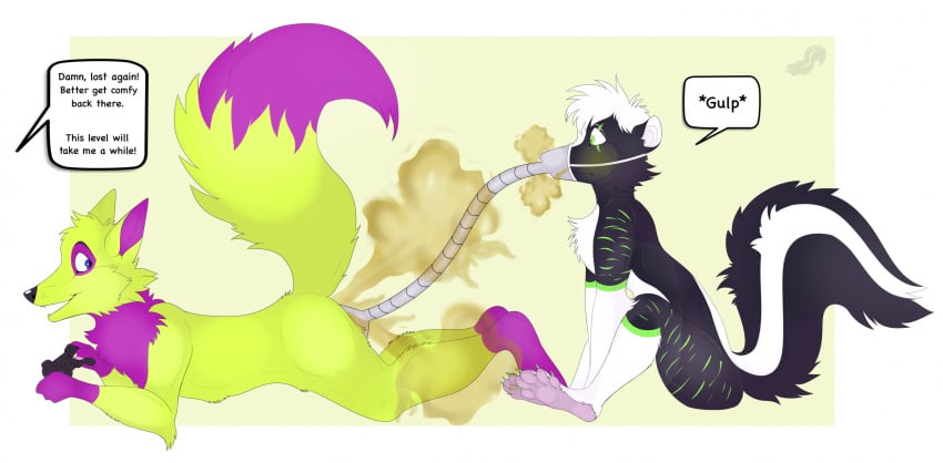 anthro canid canine dialogue duo fart fart_cloud fart_fetish fart_sniffing fox fur hi_res luwis_miracle male male/male mammal mask mephitid multicolored_body multicolored_fur raised_tail ravick_the_skunk rockyjstinkston skunk speech_bubble tail tube_in_ass