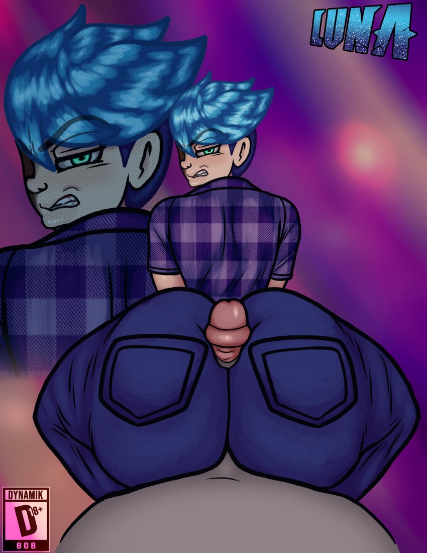 1boy 1girls alternate_ass_size anonymous_asexual ass big_ass blue_hair buttjob covered_buttjob dat_ass disgusted dumptruck_ass dynamik808 fat_ass female hot_dogging huge_ass large_ass looking_at_viewer looking_back male male_pov orientation_play original penis pov straight thick_ass thick_thighs wide_hips