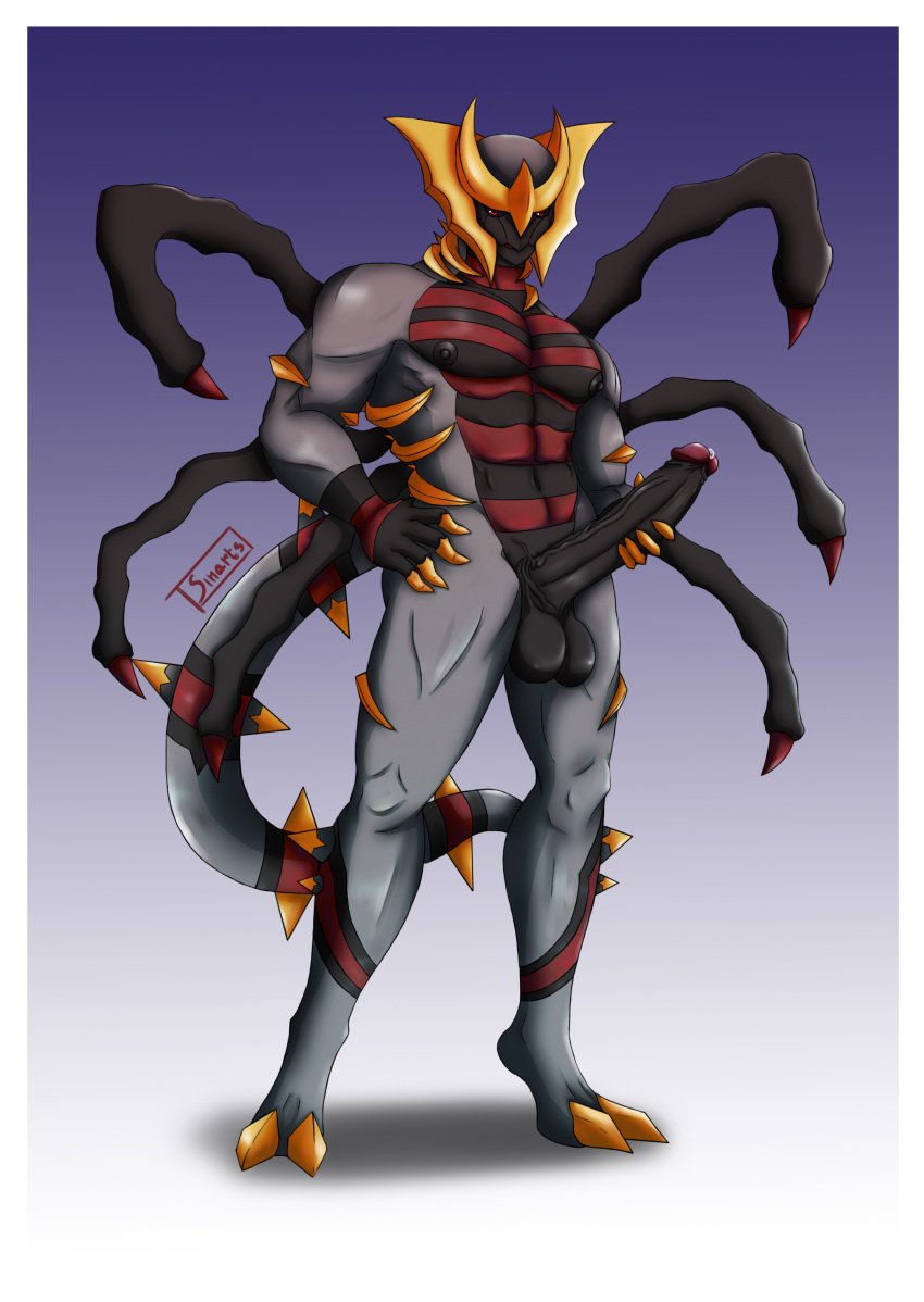 absurd_res anthro anthrofied balls big_balls big_nipples big_pecs big_penis black_sclera bodily_fluids erection generation_4_pokemon genital_fluids genitals giratina gold_(metal) grey_body hand_on_hip handjob hi_res horn huge_cock humanoid_genitalia humanoid_penis legendary_pokemon male markings muscular muscular_anthro muscular_male nintendo nipples nude origin_forme_giratina pecs penile penis pokemon pokemon_(species) pokemorph precum precum_on_penis red_body red_eyes sex simple_background sinarts solo spiked_body spikes spikes_(anatomy) striped_body stripes tail tendrils yellow_horn