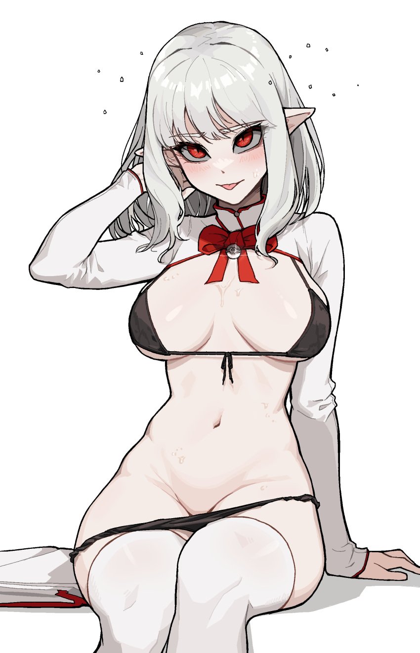 1girls bangs belly belly_button big_breasts bikini_top blush blushing bra busty elf_ears female female_only gogalking hand_in_hair hips insact knife_ears large_breasts light-skinned_female light_skin pale-skinned_female pale_skin panties pointy_ears red_eyes sharp_ears silver_hair smug smug_expression sweat sweaty thick thick_thighs thigh_highs thighhighs thighs tongue tongue_out tummy vampire vampire_(gogalking) vampire_girl vamprie_ears wet_body wet_skin white_hair wide_hips