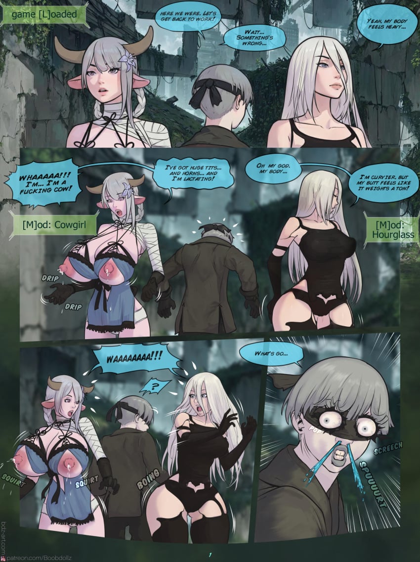 1boy 2girls areolae ass ass_expansion big_ass big_breasts blindfold boobdollz breast_expansion breasts comic cow_ears cow_girl cow_horns english_text female huge_breasts kaine_(nier) lactation light-skinned_female light-skinned_male light_skin long_hair male nier nier:_automata nier_replicant nipples page_1 short_hair text white_hair yorha_9s yorha_a2