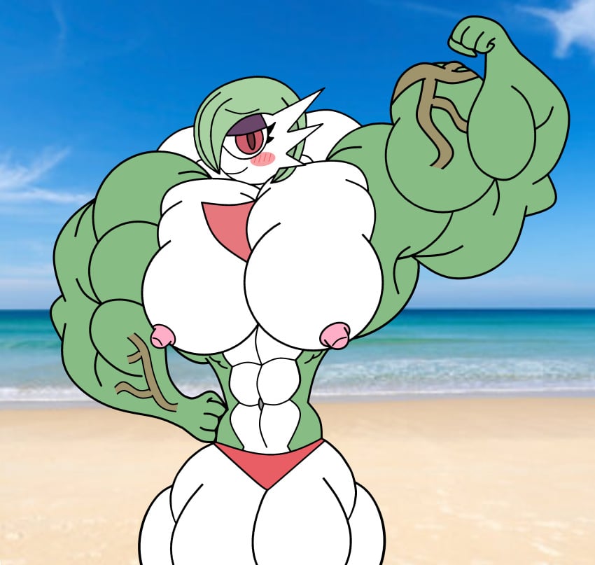 abs beach beach_background big_breasts blush extreme_muscles female_only flexing_bicep flexing_muscles gardevoir huge_breasts huge_muscles hyper_muscles muscle muscle_girl muscle_growth muscles muscular muscular_arms muscular_female pokemon pokemon_(species) topless topless_female veins veiny vixylafoen