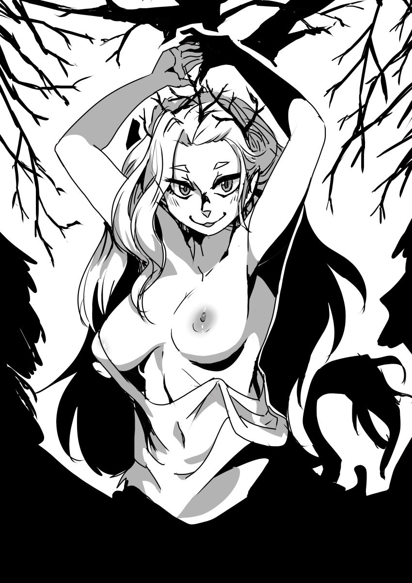 absurdres animal_ears animal_nose armpits arms_behind_head arms_up artist_request blush body_fur branch breasts cat_ears cat_girl cat_tail clothes_pull dress dress_pull female fluffy greyscale happy highres large_tail long_hair looking_at_viewer medium_breasts messy_hair monochrome monster_girl nipples non-web_source off-shoulder_dress off_shoulder open_mouth outdoors pointy_ears princess_(slay_the_princess) simple_background slay_the_princess smile solo solo_focus source_request tail the_witch_(slay_the_princess) thick_eyebrows tongue tongue_out topless tree twig upper_body