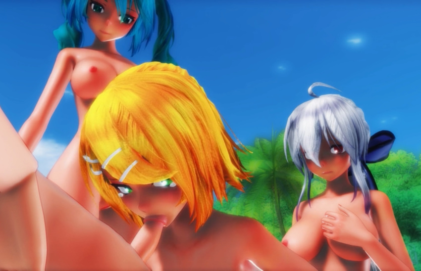 3d aqua_hair blonde_hair blowjob green_eyes hatsune_miku kagamine_rin looking_at_another red_eyes sucking_penis tears_in_eyes vocaloid white_hair yowane_haku