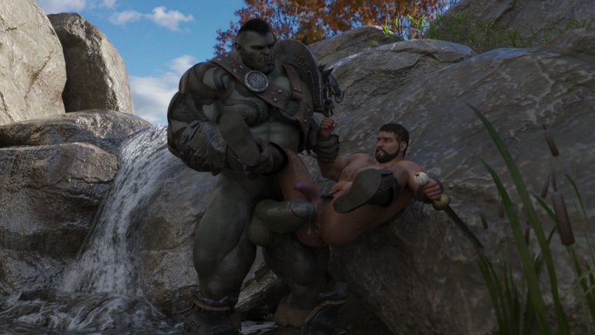 abs antaresmultiverse anus balls bodily_fluids duo fangs genital_fluids genitals hi_res human human_male humanoid humanoid_pointy_ears imminent_sex leaking_precum light_skin light_skinned_male male male/male male_only mammal muscular muscular_humanoid muscular_male orc orc_male pecs penis precum size_difference teeth