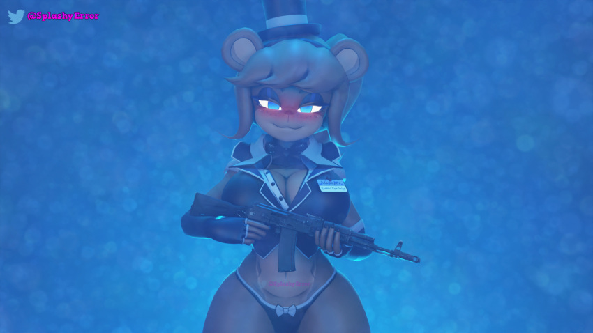 animatronic animatronic_female bear blue_eyes blush bowtie female five_nights_at_freddy's five_nights_at_freddy's_2 freddy_(fnaf) freddy_fazbear fredina's_nightclub fredina_(cally3d) frenni_fazclaire gun haunted holding_gun holding_object lighting looking_at_viewer panties possessed robot_girl solo top_hat ultimate_custom_night vest