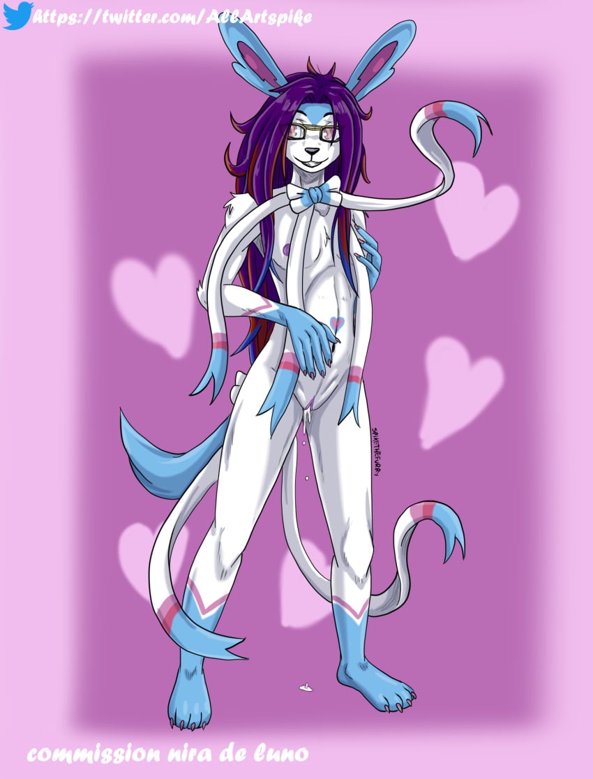 anthro blue_body blue_fur bodily_fluids cum cum_in_pussy cum_inside eeveelution eyewear female fur generation_6_pokemon genital_fluids genitals glasses hair hi_res nintendo nude pink_body pink_fur pokemon pokemon_(species) purple_hair pussy red_eyes shiny_pokemon solo spike_the_furry sylvara(nira_de_luno) sylveon white_body white_fur