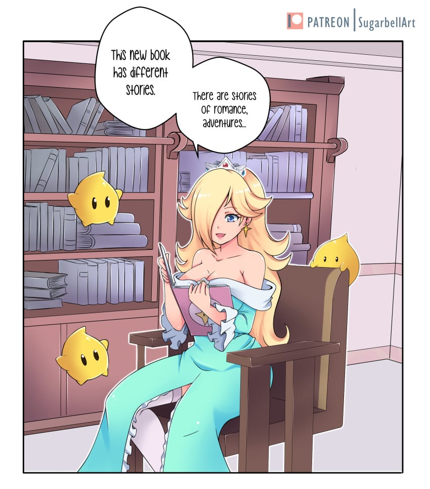 1girls 2d 2d_(artwork) big_breasts blonde_hair blue_dress blue_eyes book bookshelf chair crown cute dialog dialogue frilly_sleeves hair_over_one_eye hair_tied hair_tied_back large_breasts luma mario_(series) nintendo no_bra page_1 ponytail princess_rosalina shoulderless_dress smile solo_female star_earrings sugarbell super_mario_galaxy thighhighs very_long_hair webcomic white_socks white_thighhighs wooden_chair