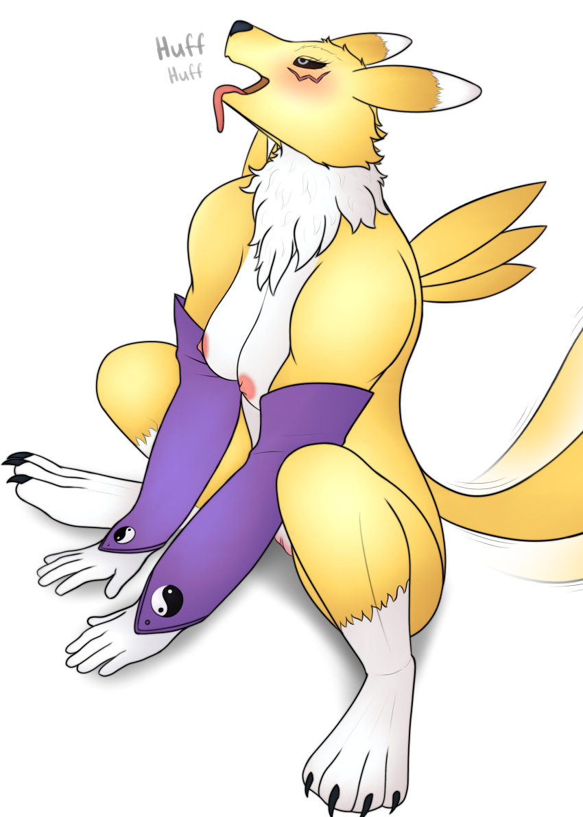 absurd_res anthro anualn armwear bandai_namco blush body_blush breasts breath chest_tuft clothing crouching digimon digimon_(species) elbow_gloves female genitals gloves handwear hi_res inviting nude open_mouth oral_invitation panting pussy pussy_blush renamon solo solo_focus tail tail_motion tailwag tongue tongue_out tuft