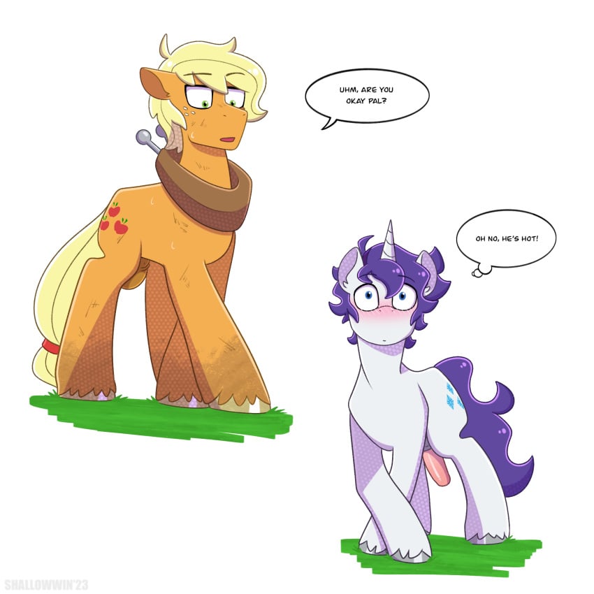 1:1 2boys anthro applejack_(male)_(mlp) blonde_hair blush cutie_mark dialogue dirty earth_pony elusive_(mlp) english_text equid equine erection feral freckles friendship_is_magic ftm_crossgender gay genderswap_(ftm) genitals grass hair hasbro hi_res hooves horn horse male male_only mammal my_little_pony nude penis plant pony purple_hair quadruped rule_63 shallowwin text thought_bubble unicorn yaoi yoke