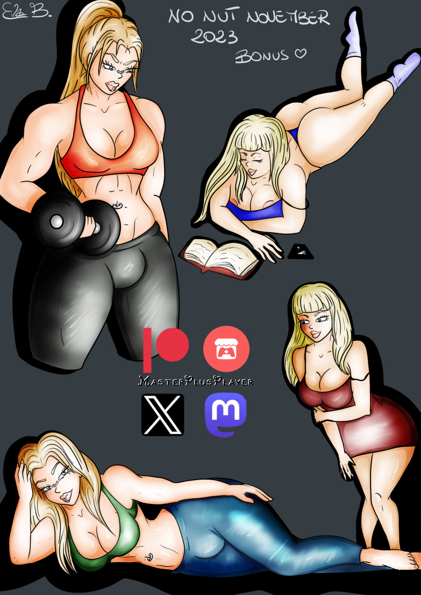 1futa 1girls alternate_costume big_breasts big_butt blonde_female blonde_futa blonde_hair clothed clothing couple cute digital_art digital_drawing_(artwork) digital_media digital_media_(artwork) digital_painting_(artwork) female fully_clothed futanari gym gym_clothes huge_ass huge_breasts krita_(program) krita_program kritadrawing light_blue_eyes long_hair masterplusplayer muscular muscular_futanari no_nut_november piercing ponytail the_evas_tale