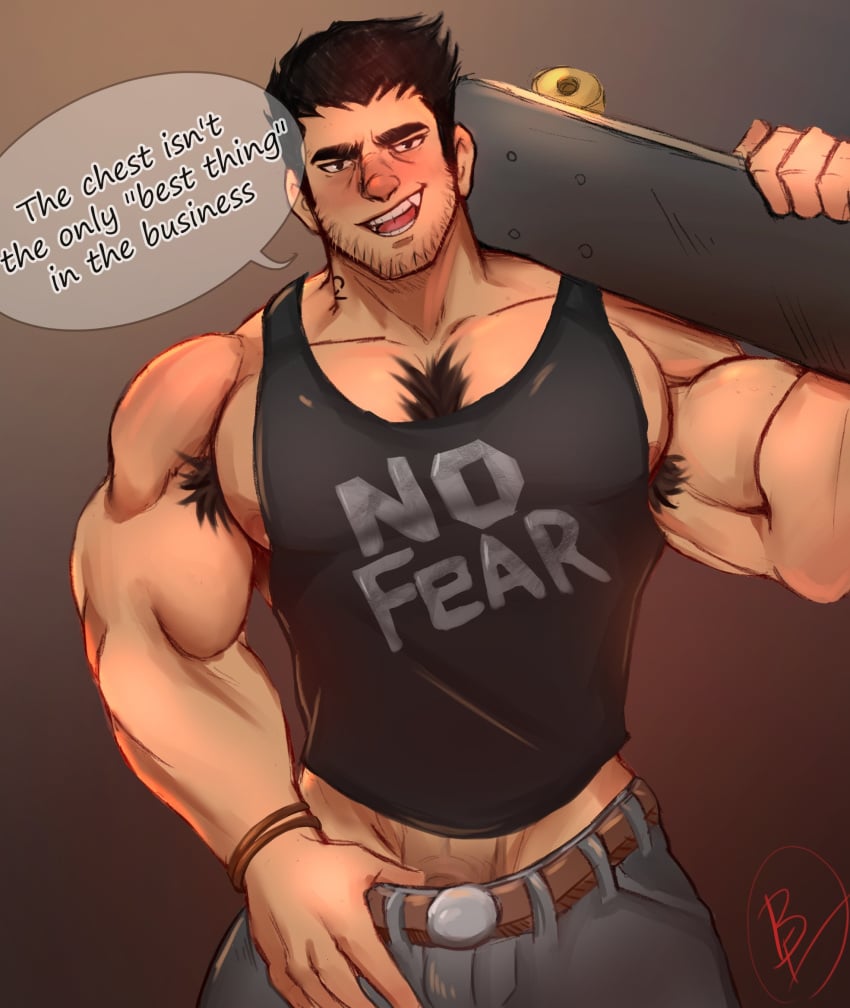 1boy armpit_hair armpit_hair_peek bara bara_emperor beard_stubble black_hair black_tank_top carrying_over_shoulder chest_tuft clothes_pull clothes_writing cowboy_shot excessive_armpit_hair head_tilt highres holding holding_skateboard large_pectorals lucas_lee male male_focus male_only midriff_peek muscular muscular_male nipple_slip nipples pants pants_pull pectoral_cleavage pectorals penis penis_peek scott_pilgrim scott_pilgrim_takes_off seductive_smile shirt short_hair sidepec skateboard smile solo sparse_chest_hair tank_top thick_eyebrows tight_clothes tight_shirt undressing