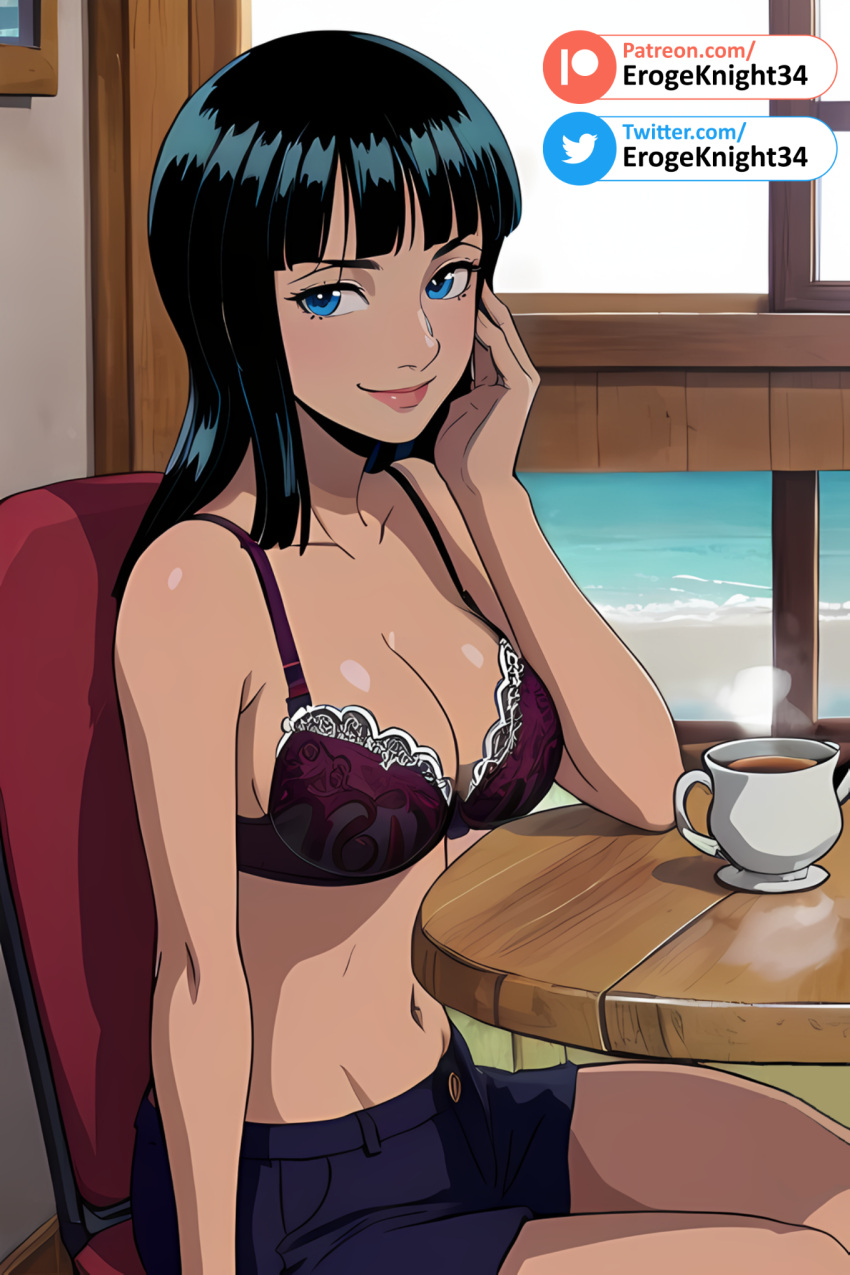 1girls ai_generated bangs big_breasts black_hair blue_eyes blunt_bangs bra dark-skinned_female dark_skin erogeknight female female_only hand_on_cheek lace_bra morning nico_robin one_piece patreon pre-timeskip sea solo solo_female solo_focus stable_diffusion tea twitter underwear window