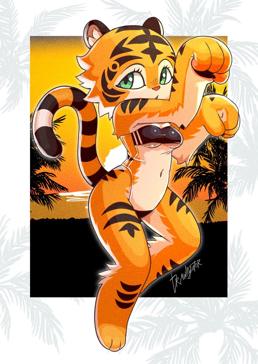 1girls 2022 aura_(draqligator) blush blush_lines breasts cream_fur cute drawligator eyelashes feline female female_only furry furry_only green_eyes gris_swimsuit meme meme_attire meme_clothing navel navel_visible_through_clothes orange_fur palm_tree pawpads paws signature small_breasts striped_body striped_fur sunset swimsuit tail tiger tiger_ears tiger_girl tiger_tail translucent_clothing translucent_swimwear wholesome