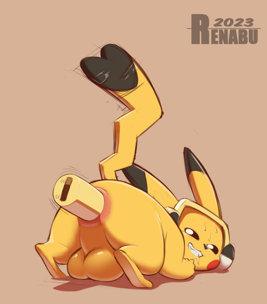 2023 anal anus ass backsack balls erection generation_1_pokemon genitals headphones hi_res male nintendo penis pikachu pokemon pokemon_(species) renabu sex_toy solo vibrator